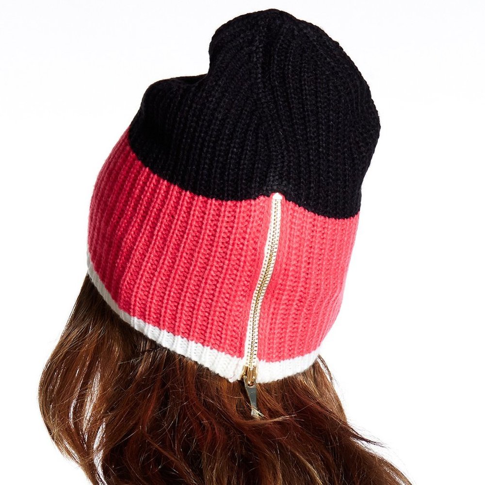 KATE SPADE Color-block Rib Knit Zip Back Beanie Hat